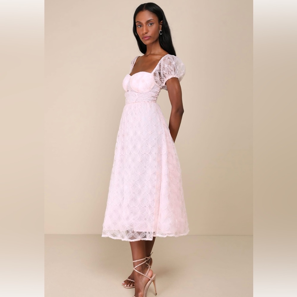Exceedingly Elegant Pink Floral Applique Bustier Midi Dress